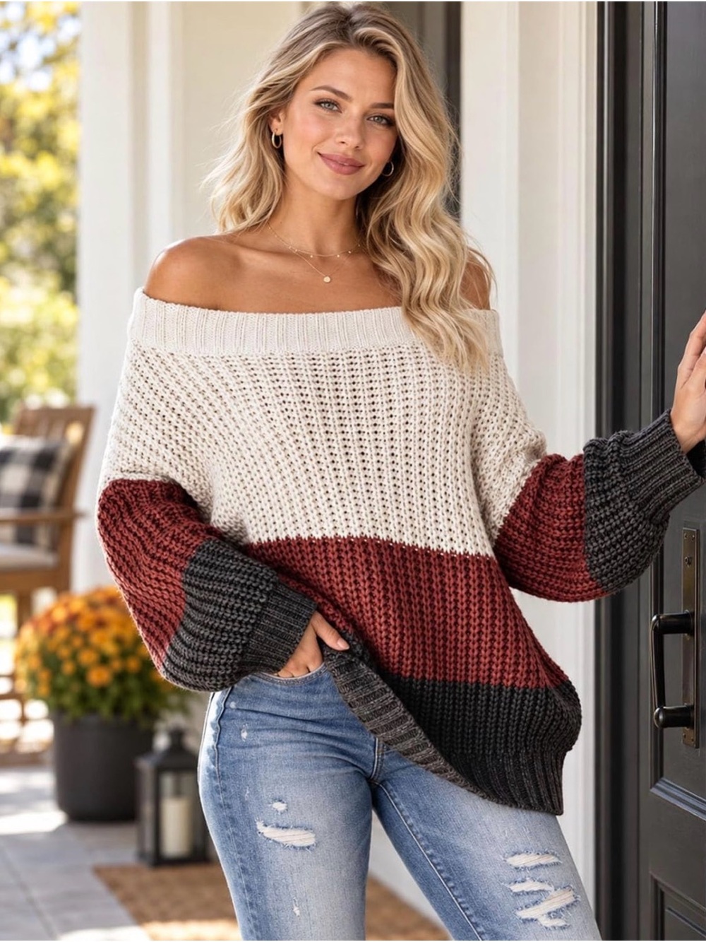Vimpunec Off-the-Shoulder Colorblock Sweater in Cream, Rust & Charcoal